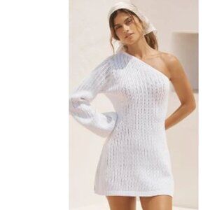 Brand New Flat White One Shoulder Crochet Mini Sweater Dress